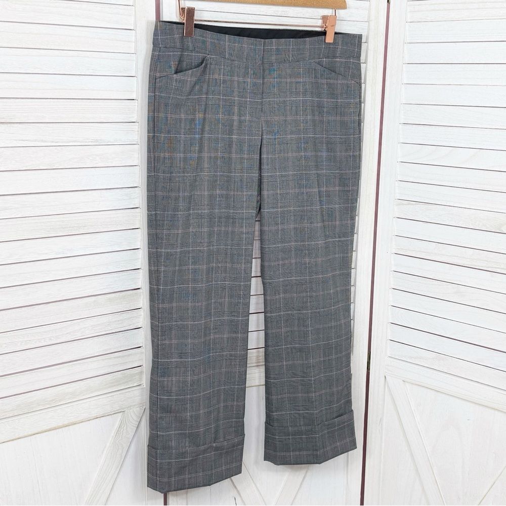 Express Editor Glen Check Plaid Straight Leg Cuffed Crop Dress Pants Grey Pink 8